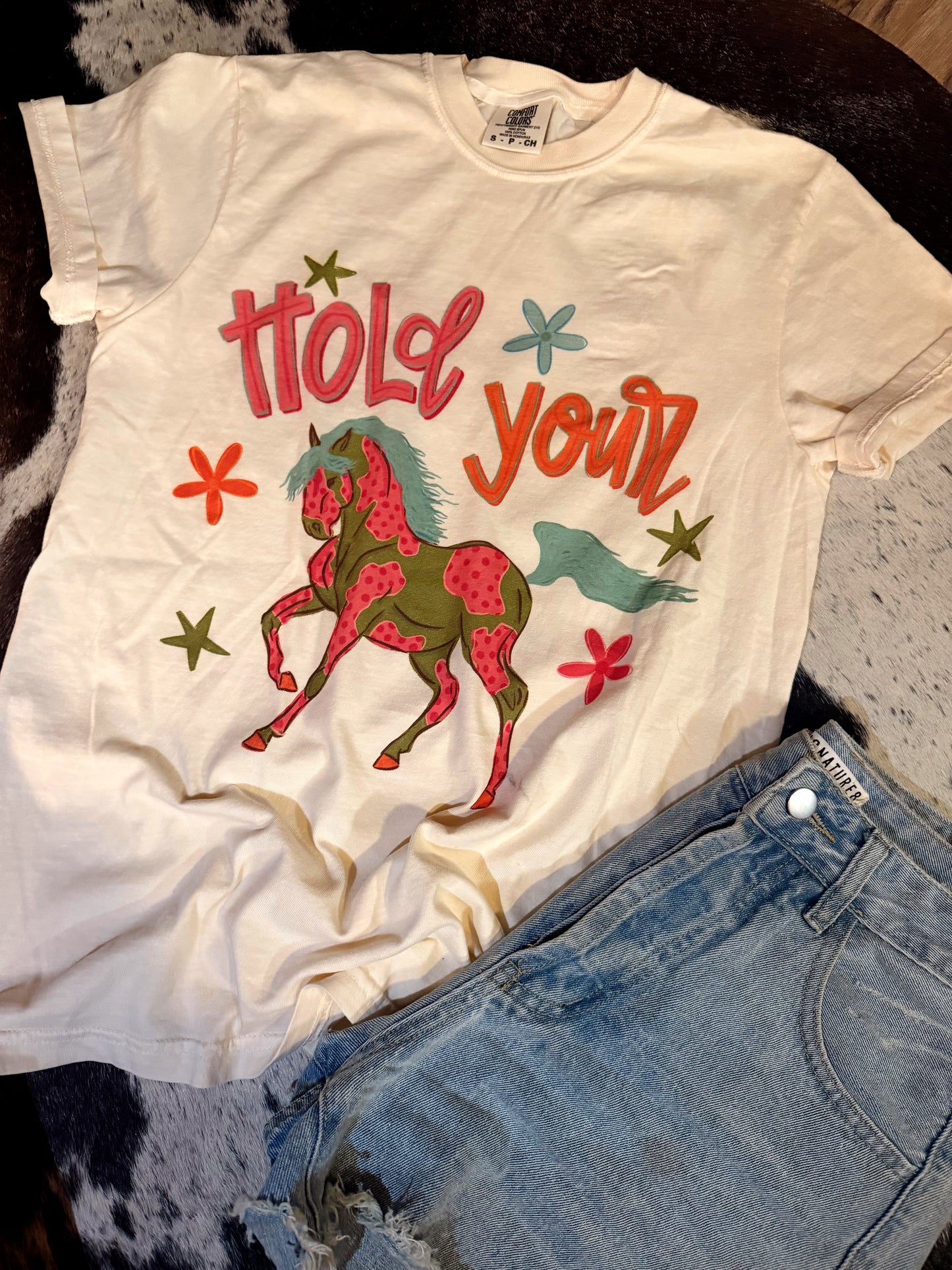 Hold Horses Neon on Ivory Tee